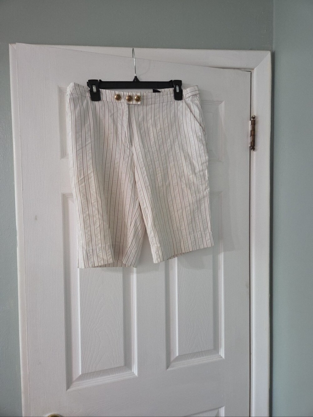 New York & Company Cream Pinstripe Women’s Shorts with Gold Buttons